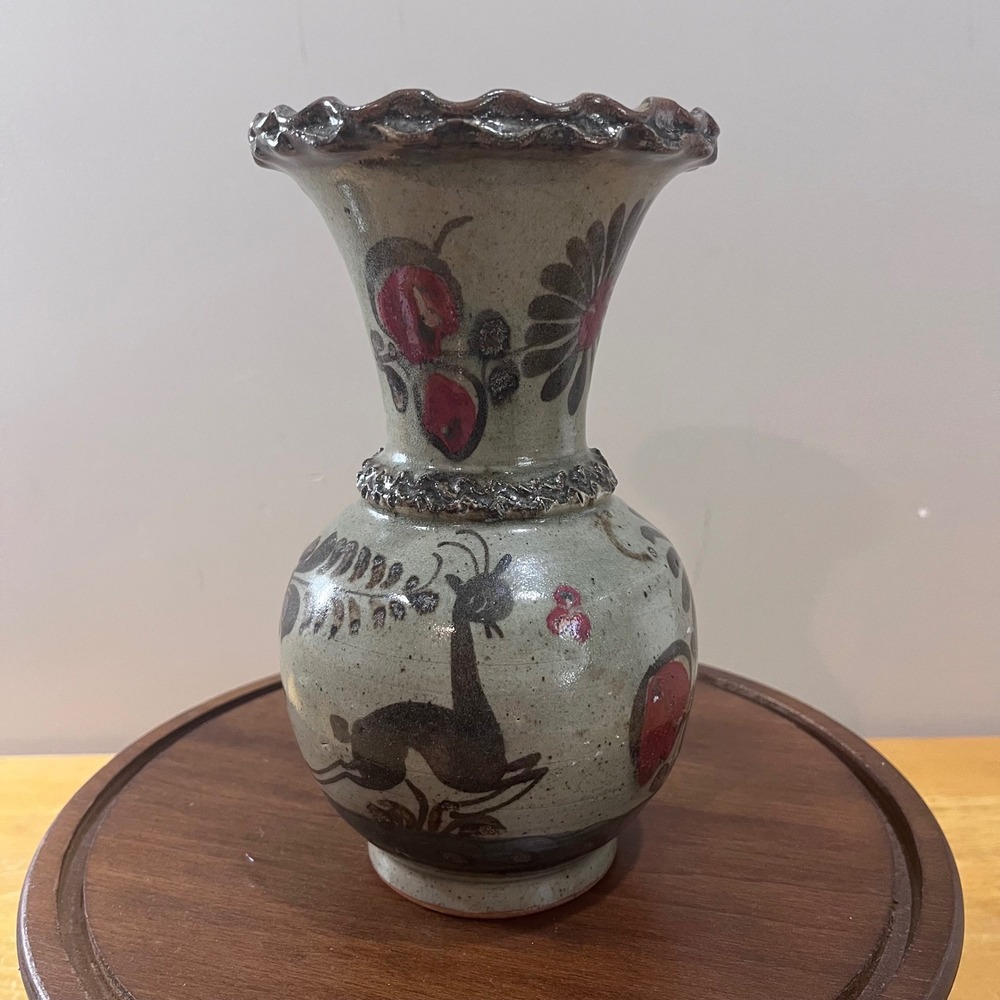 Vtg Tonala Mexican Pottery Vase Hand Painted Deer Floral Scalloped Rim 8.75"